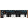 61-key synthesizer keyboard with multiple knobs, buttons, faders, and a small screen on the control panel.