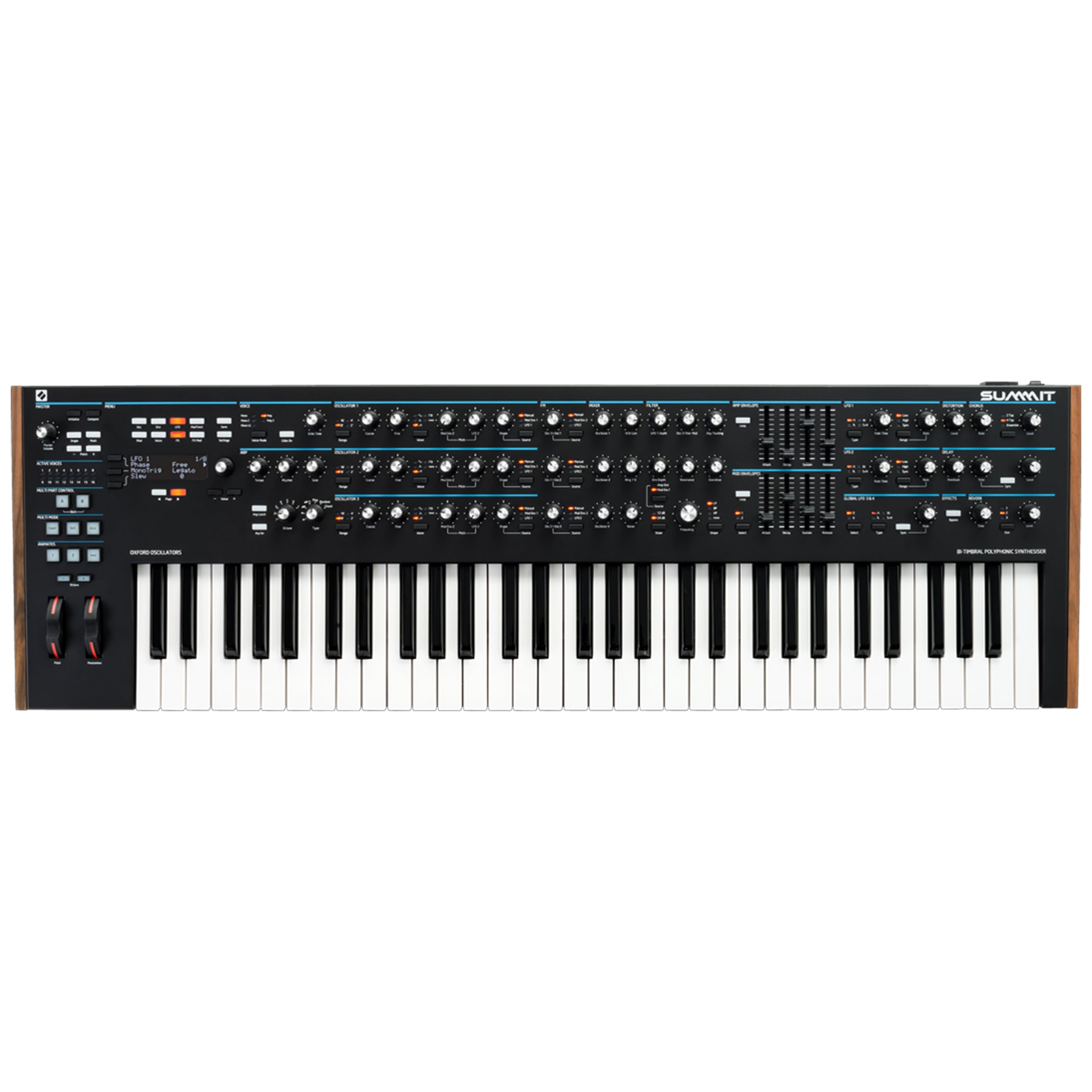 61-key synthesizer keyboard with multiple knobs, buttons, faders, and a small screen on the control panel.