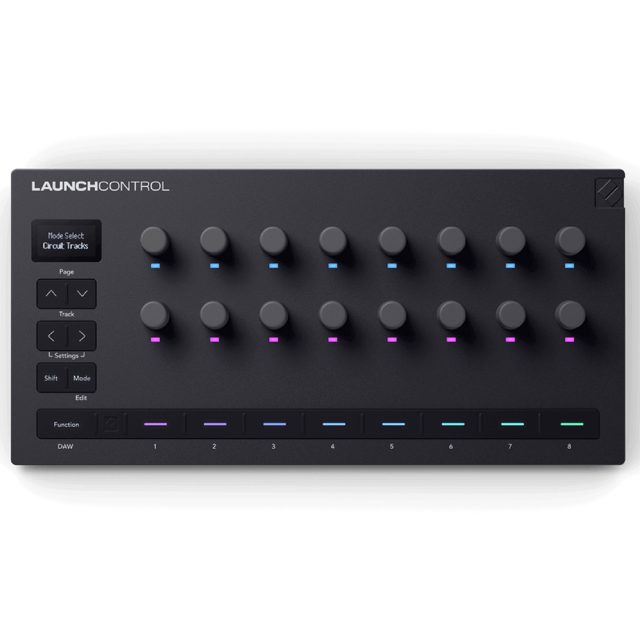 Black MIDI controller with 16 rotary knobs, buttons, and multi-colored LED indicators on a flat surface.