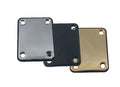 Three rectangular neck plates with four screw holes each in silver, black, and gold colors.