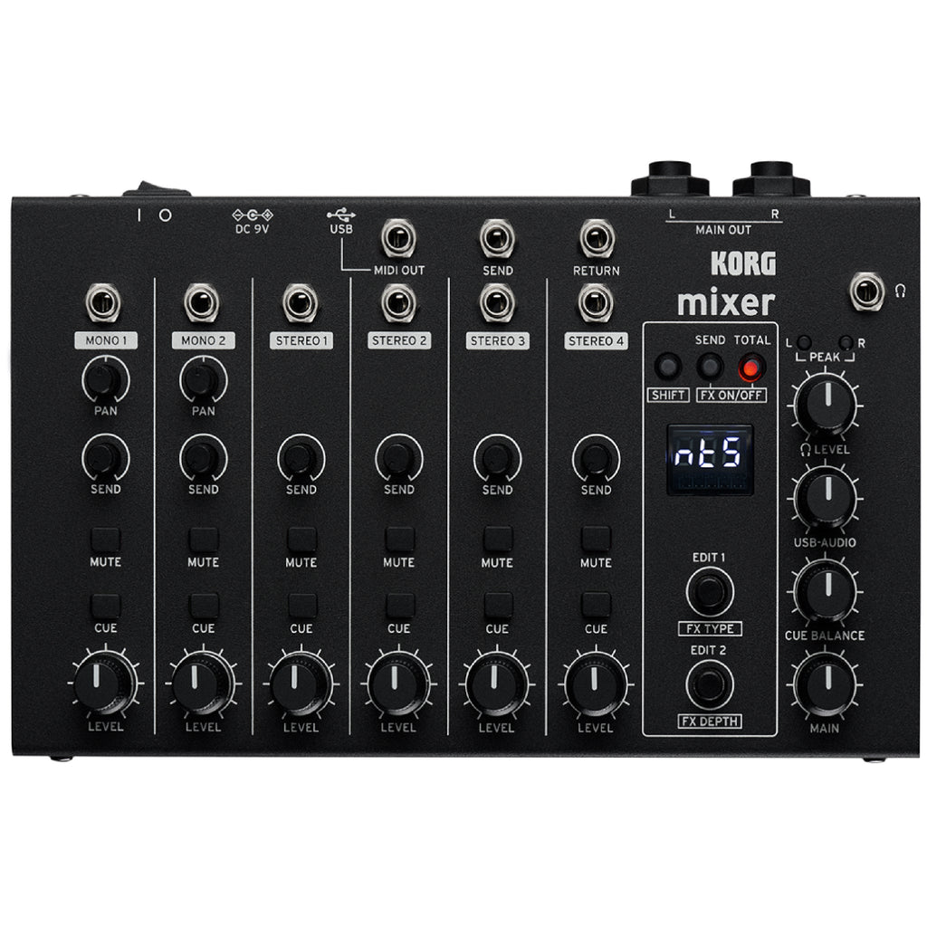 Black audio mixer with six input channels, multiple knobs, buttons, and 1/4 inch jacks including MIDI out and USB port.