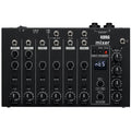 Black audio mixer with six input channels, multiple knobs, buttons, and 1/4 inch jacks including MIDI out and USB port.