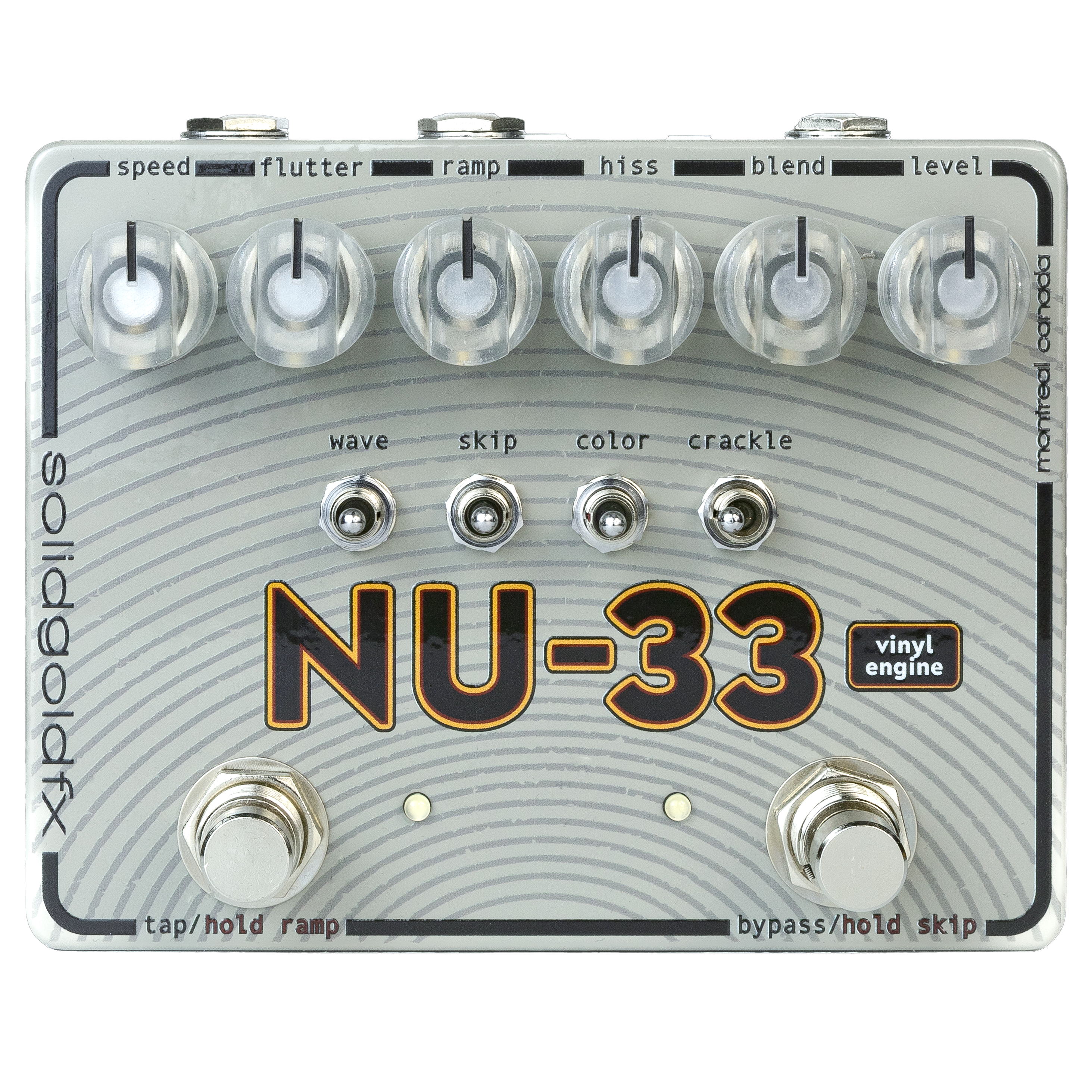 Gray guitar effects pedal with six control knobs, four toggle switches, two footswitches, and NU-33 branding.