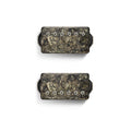 Two rectangular humbucker pickups with camo patterned covers and six metal pole pieces visible