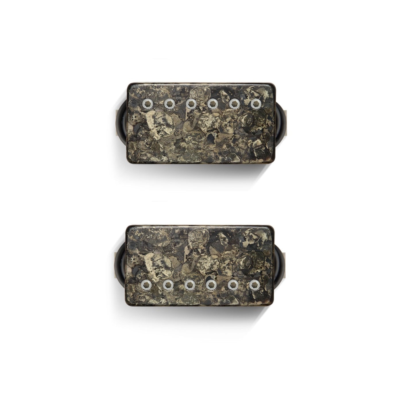 Two rectangular humbucker pickups with camo patterned covers and six metal pole pieces visible