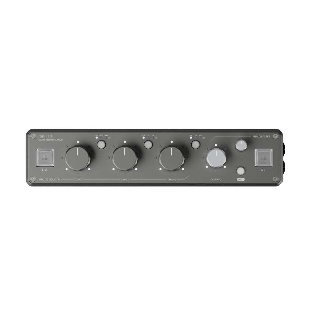 Front panel of a gray Nano Performance ISO-F1 audio device with knobs and buttons labeled for analog isolation and filtering.