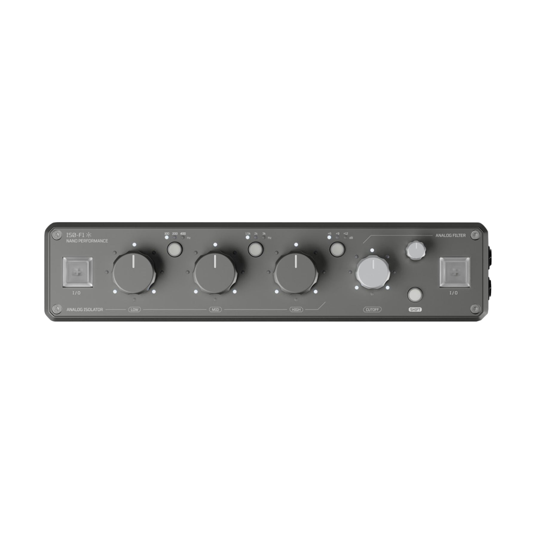 Front panel of a gray Nano Performance ISO-F1 audio device with knobs and buttons labeled for analog isolation and filtering.