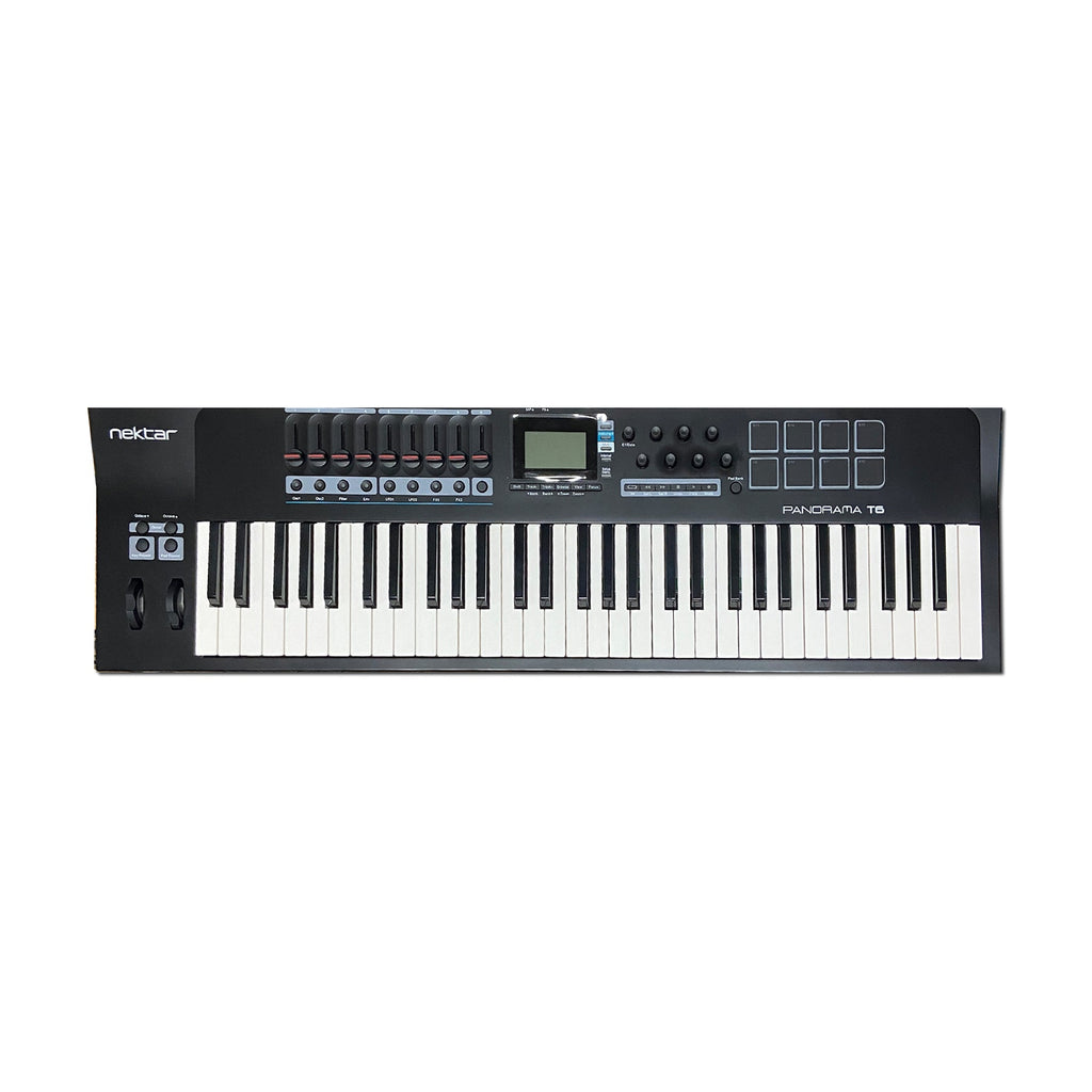 Black and white MIDI keyboard controller with keys, pads, faders, knobs, and a screen.