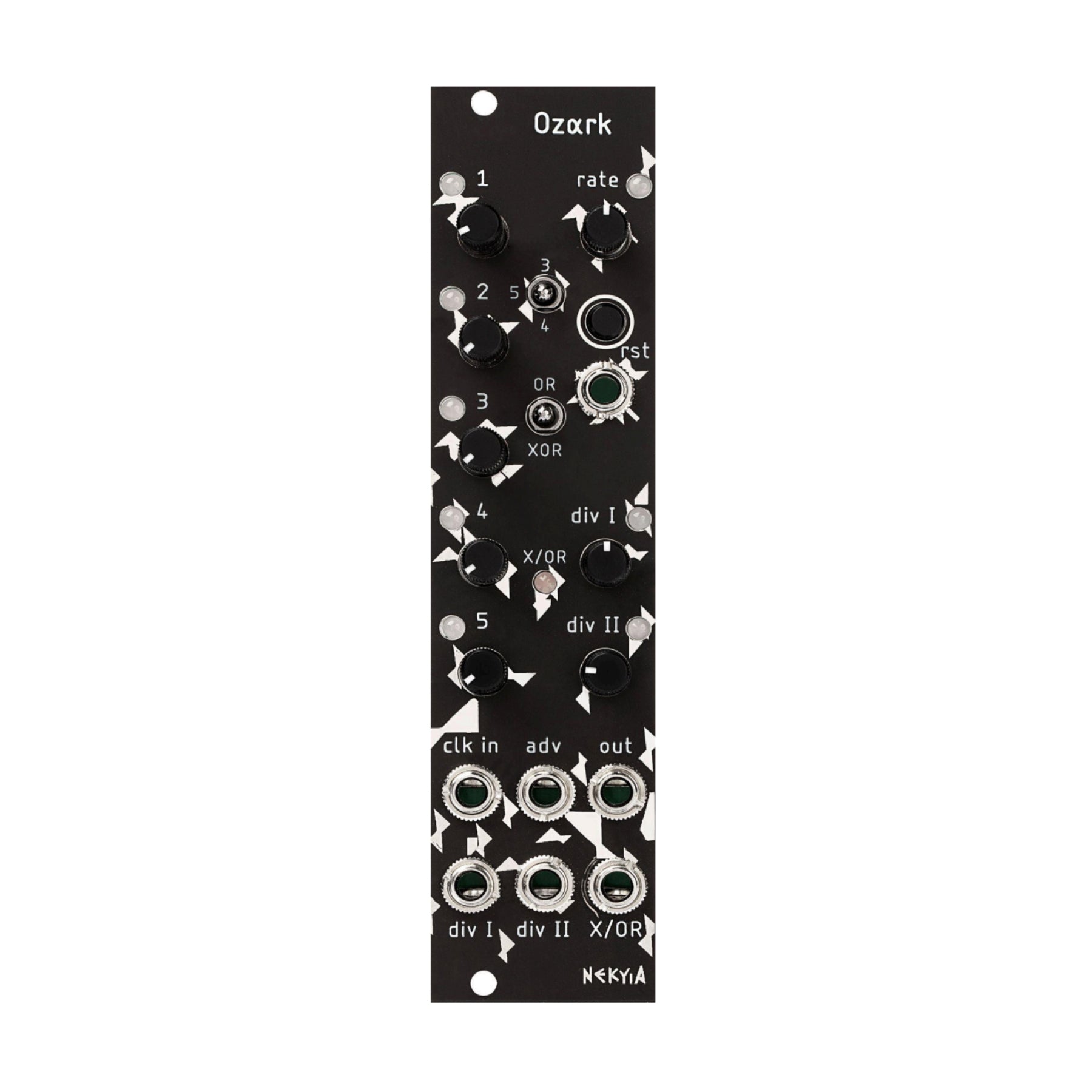 Black Eurorack module with knobs, toggle switches, push button, and multiple 3.5mm jacks labeled Ozark by Nekyia.