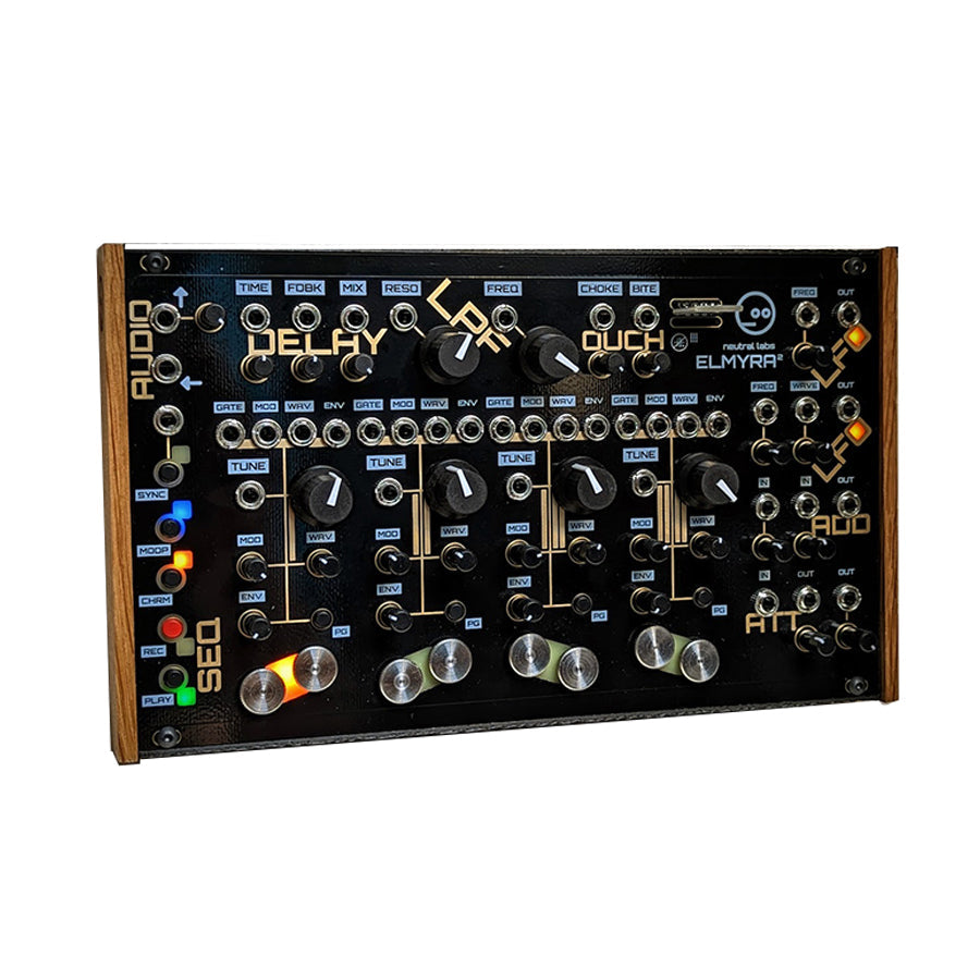 Black desktop modular synthesizer with multiple knobs, buttons, and 3.5mm jacks labeled with audio and modulation controls.