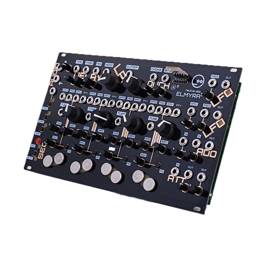 Black Eurorack module with multiple knobs, toggle switches, and 3.5mm jacks labeled Elmyra 2 by Neutral Labs.