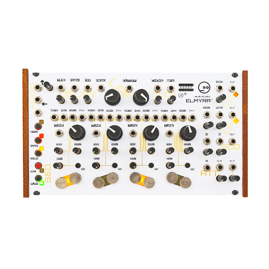 White modular synthesizer module with multiple knobs, switches, and patch cable jacks, wooden side panels.