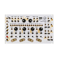 White Eurorack module with multiple knobs, toggle switches, and 3.5mm jacks labeled with delay, tune, and other audio controls.