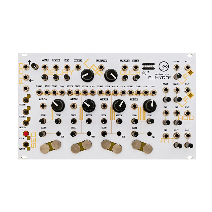 White Eurorack module with multiple knobs, toggle switches, and 3.5mm jacks labeled with delay, tune, and other audio controls.