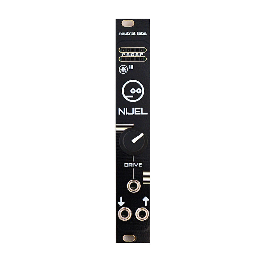 Black vertical eurorack module with a rotary knob labeled Drive and three 3.5mm jacks, branded Neutral Labs Nijel.