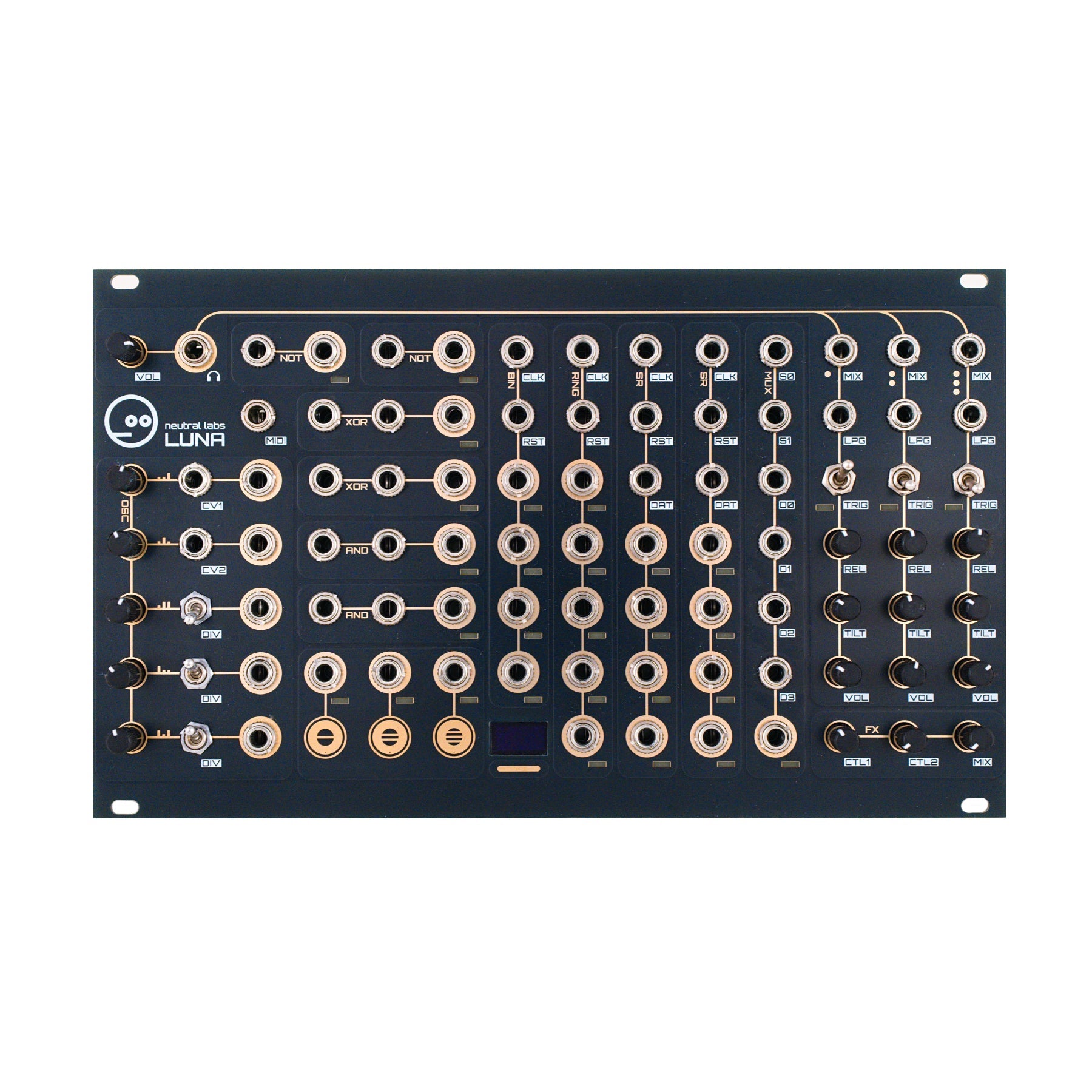 Black Eurorack module with multiple knobs, audio jacks, toggle switches, and MIDI input labeled Neutral Labs Luna.