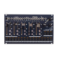 Black eurorack module with sliders, knobs, push buttons, toggle switches, and 3.5mm jacks labeled with control functions.