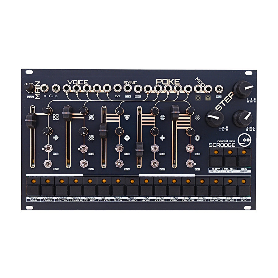 Black eurorack module with sliders, knobs, push buttons, toggle switches, and 3.5mm jacks labeled with control functions.