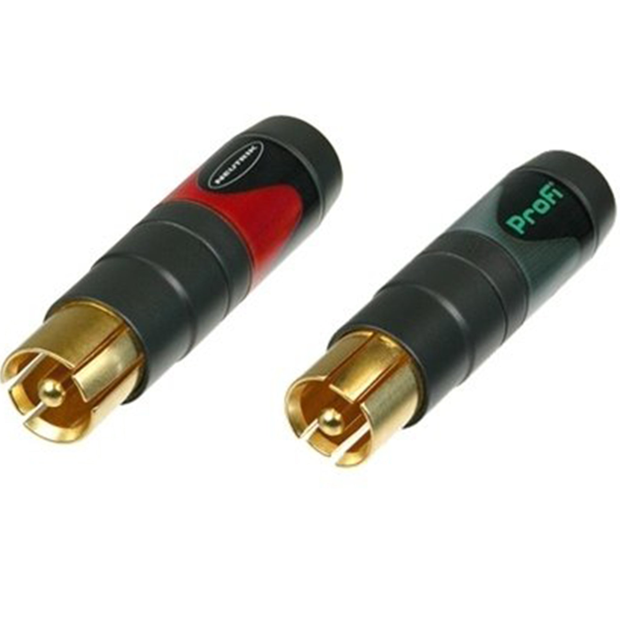 Two phono plug connectors with black bodies and gold metal contacts, one marked red and one marked green.