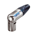 Right angle 3-pole male audio connector with metal housing and black strain relief.