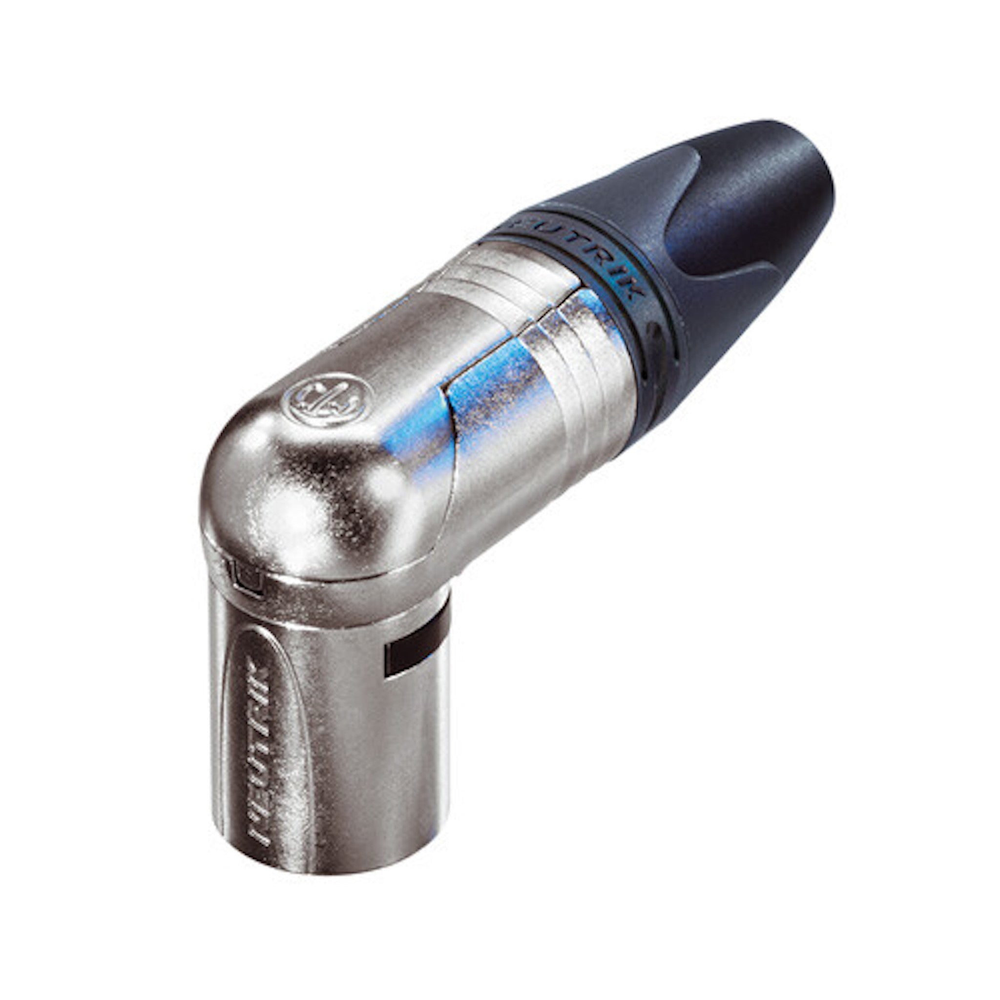 Right angle 3-pole male audio connector with metal housing and black strain relief.