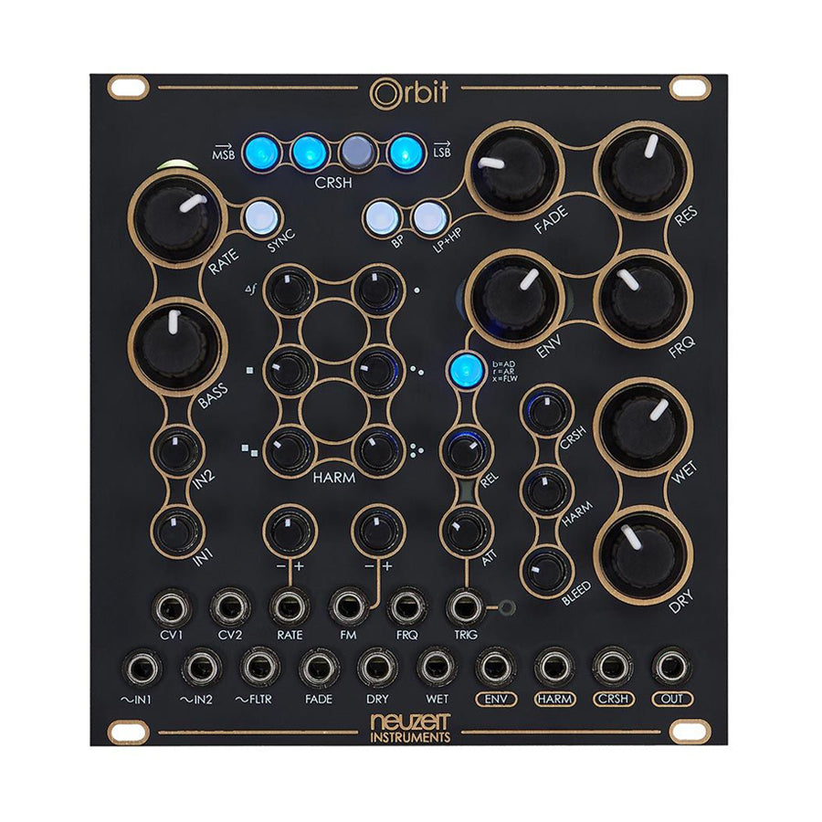 Black modular synthesizer panel with knobs, buttons, LED indicators and multiple 3.5mm jacks labeled Orbit by neuzeit instruments.