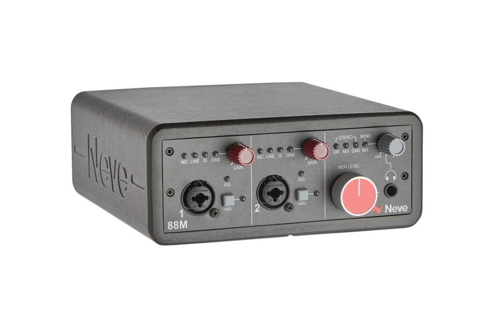 Black audio interface box with dual combo XLR/TRS inputs, gain knobs, and monitor level controls.