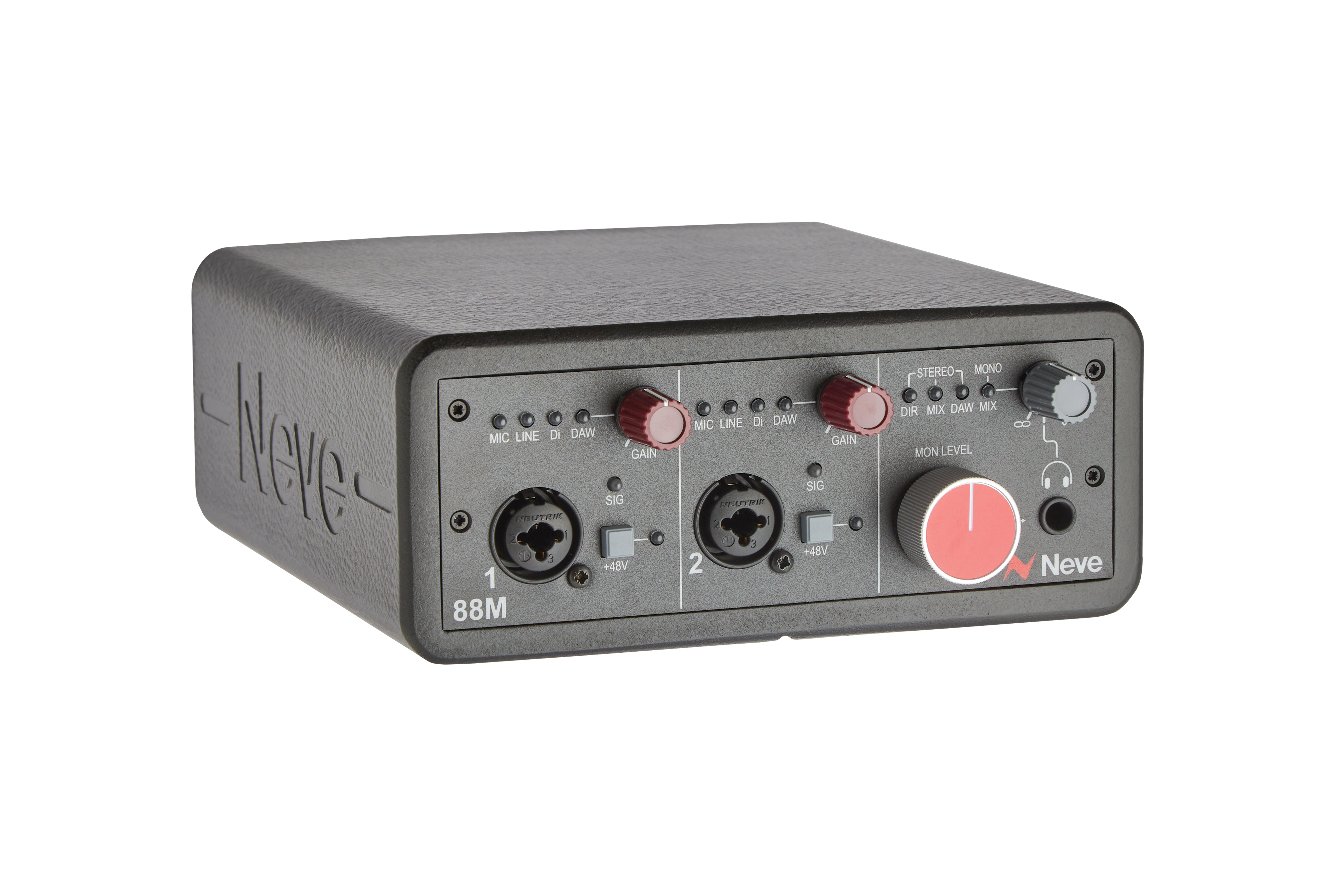 Black audio interface box with dual combo XLR/TRS inputs, gain knobs, and monitor level controls.