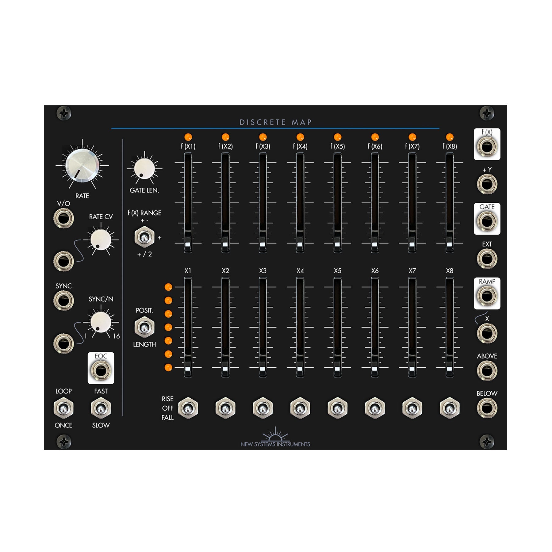 Eurorack module with multiple sliders, knobs, toggle switches, and patch cables inputs on a black panel labeled Discrete Map.