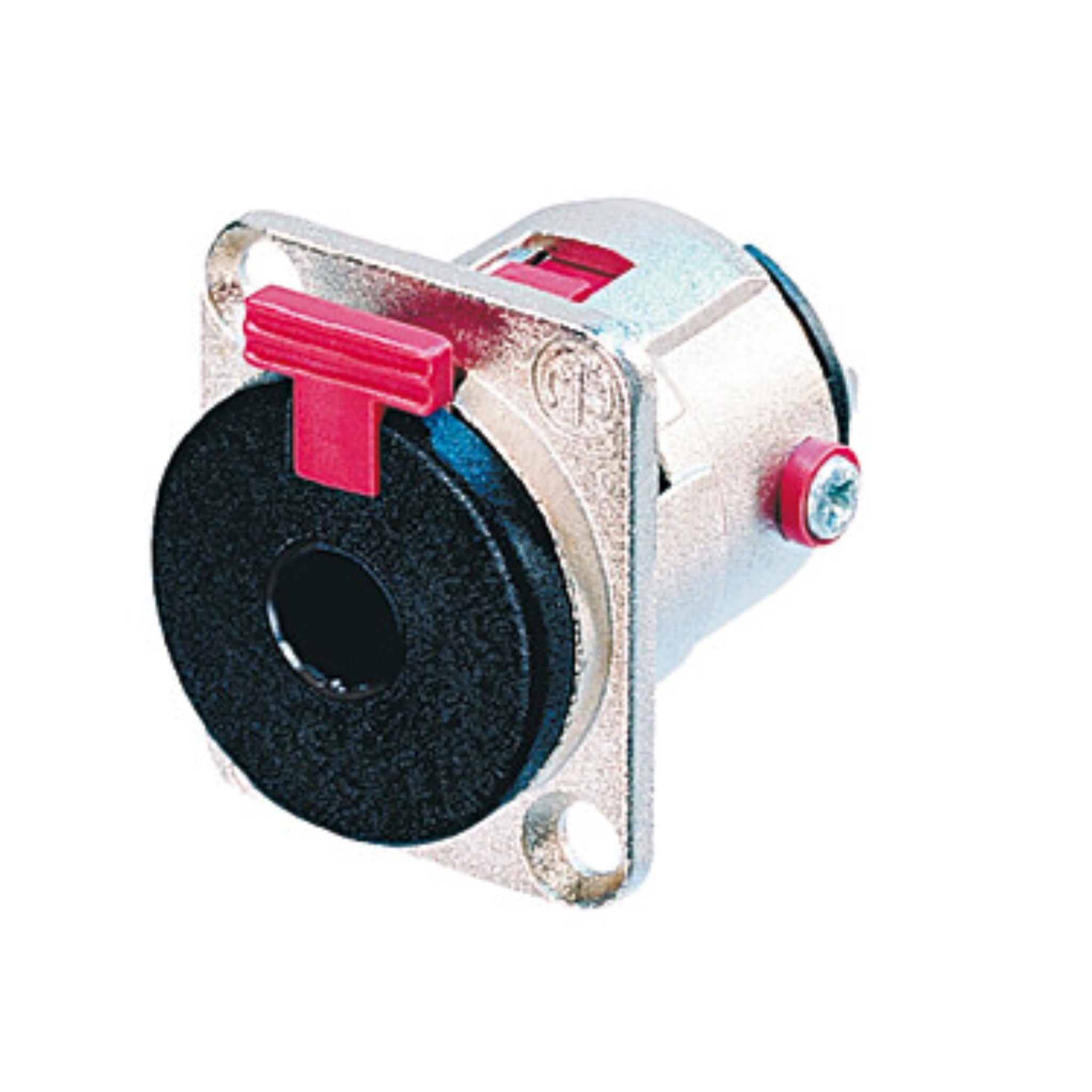 Circular metal panel mount socket connector with black face and red locking tab.