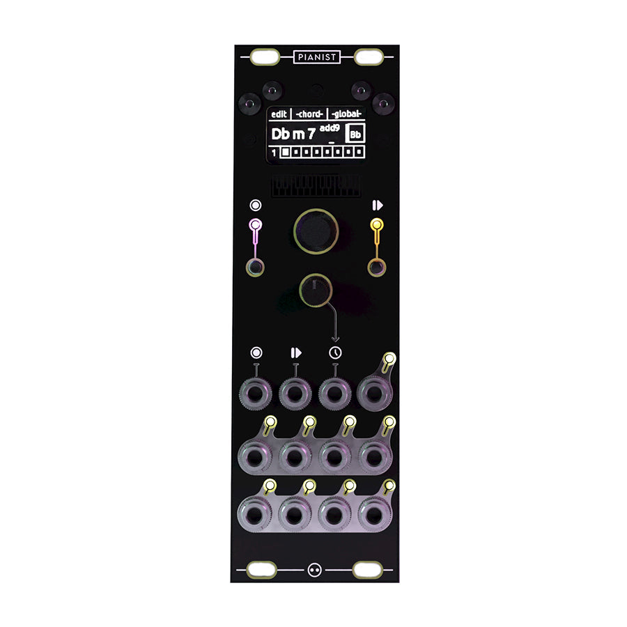 Black modular synthesizer module labeled Pianist with screen, knobs, buttons, and multiple 3.5mm jacks.