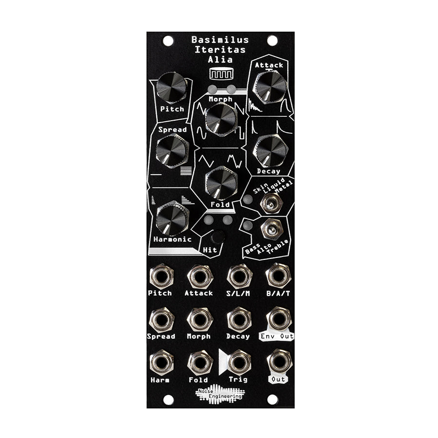 Black eurorack module with multiple knobs, toggle switches, and patch jacks labeled for sound control parameters.