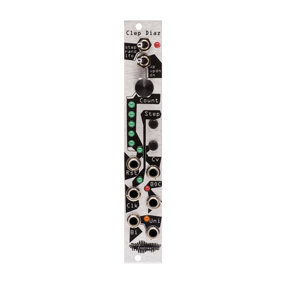 Silver Noise Engineering Clep Diaz eurorack module with toggle switches, knob, LED indicators, and multiple jack sockets.