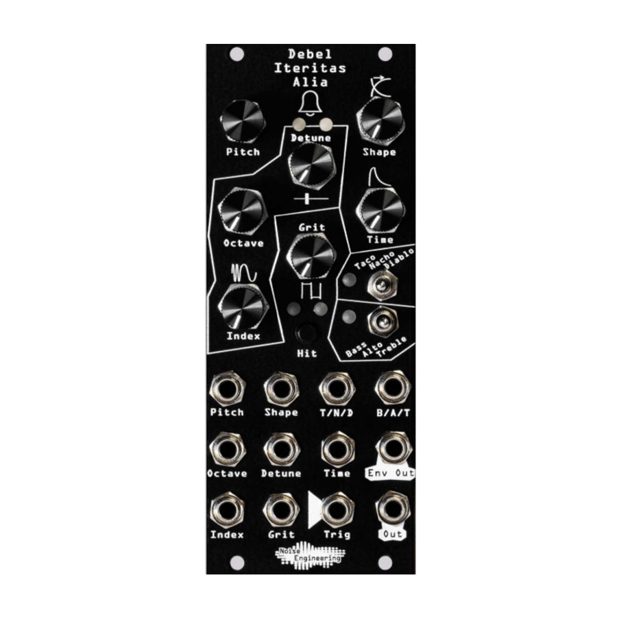 Black Noise Engineering Eurorack module with multiple knobs, toggle switches, and 1/8 inch audio jacks labeled with sound parameters.