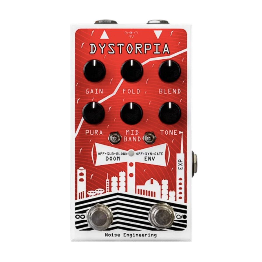 Red guitar effects pedal labeled Dystorpia with six knobs, two toggle switches, and two footswitches.