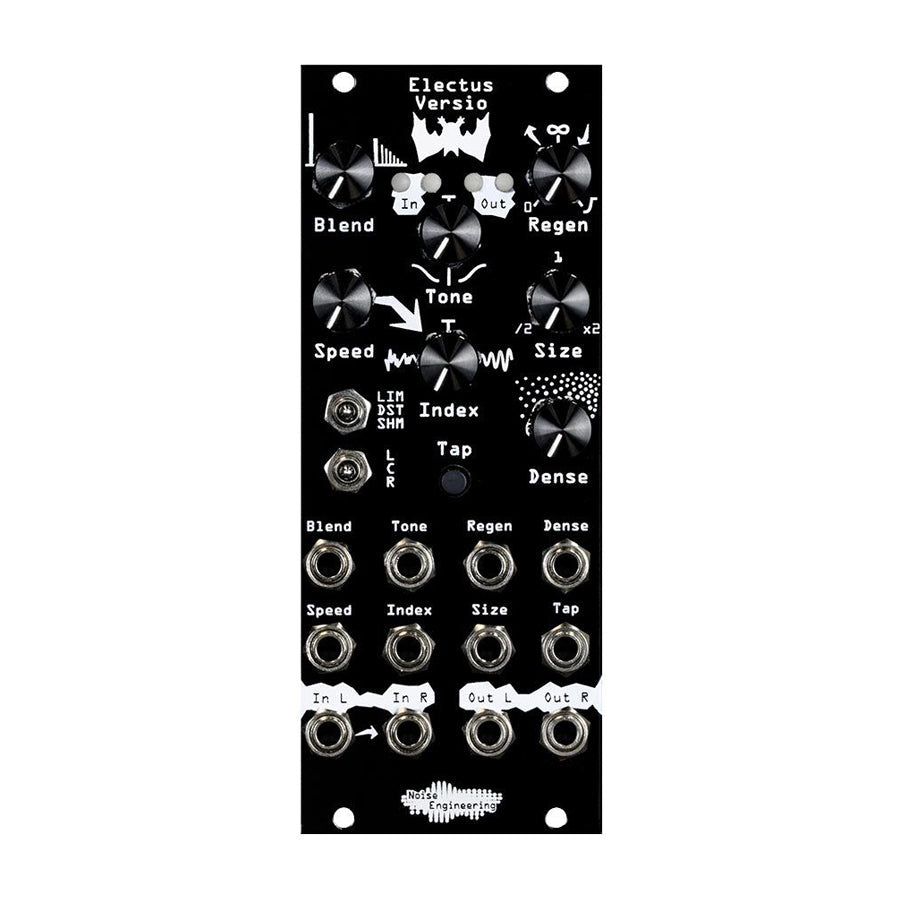 Black Eurorack module with various knobs, toggle switches, push button, and audio jacks labeled with control and signal names.