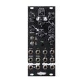 Black modular synthesizer module with knobs, toggle switches, button, and multiple audio jacks labeled for audio control and input/output.