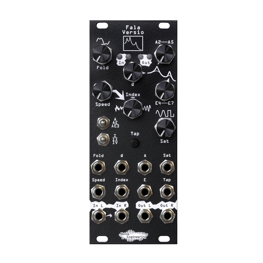 Black modular synthesizer module with knobs, toggle switches, button, and multiple audio jacks labeled for audio control and input/output.