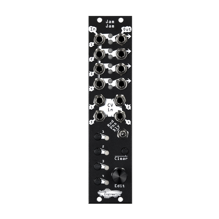 Black eurorack module with multiple 3.5mm jacks, buttons, a toggle switch, and a rotary knob labeled Jam Jam by Noise Engineering.