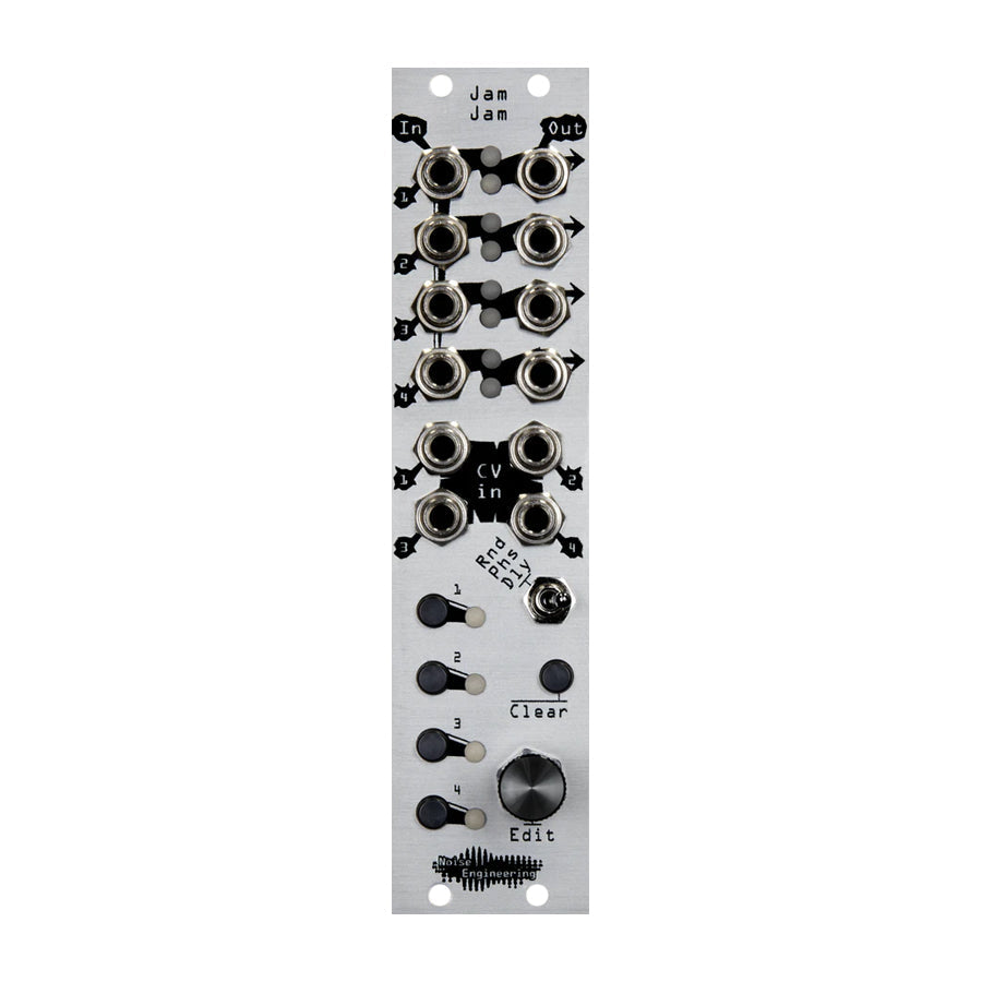 Silver eurorack module with multiple 1/4 inch jacks, toggle switches, a push button, and a rotary knob labeled Jam Jam.