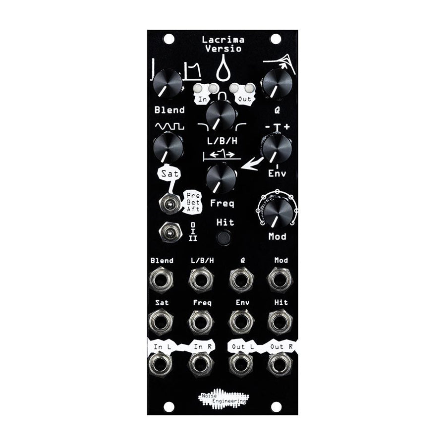Black eurorack module with knobs, switches, and multiple 1/4 inch input and output jacks labeled for audio control.