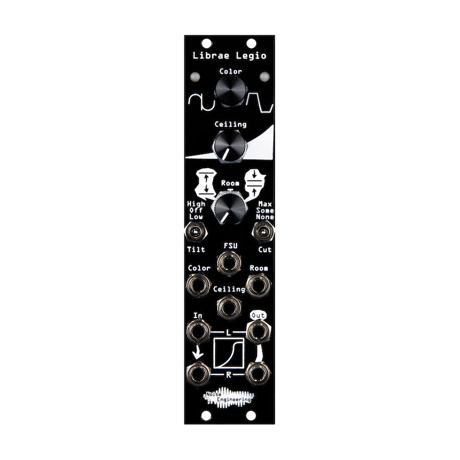 Black eurorack module with knobs, toggle switches, and multiple 1/8 inch audio jacks labeled with parameters and connections.