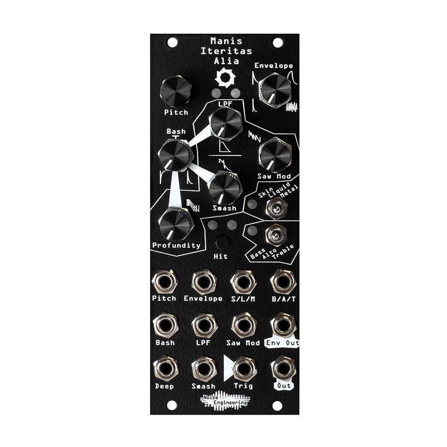 Black eurorack module with multiple knobs, toggle switches, and jacks labeled for various audio controls and signals.