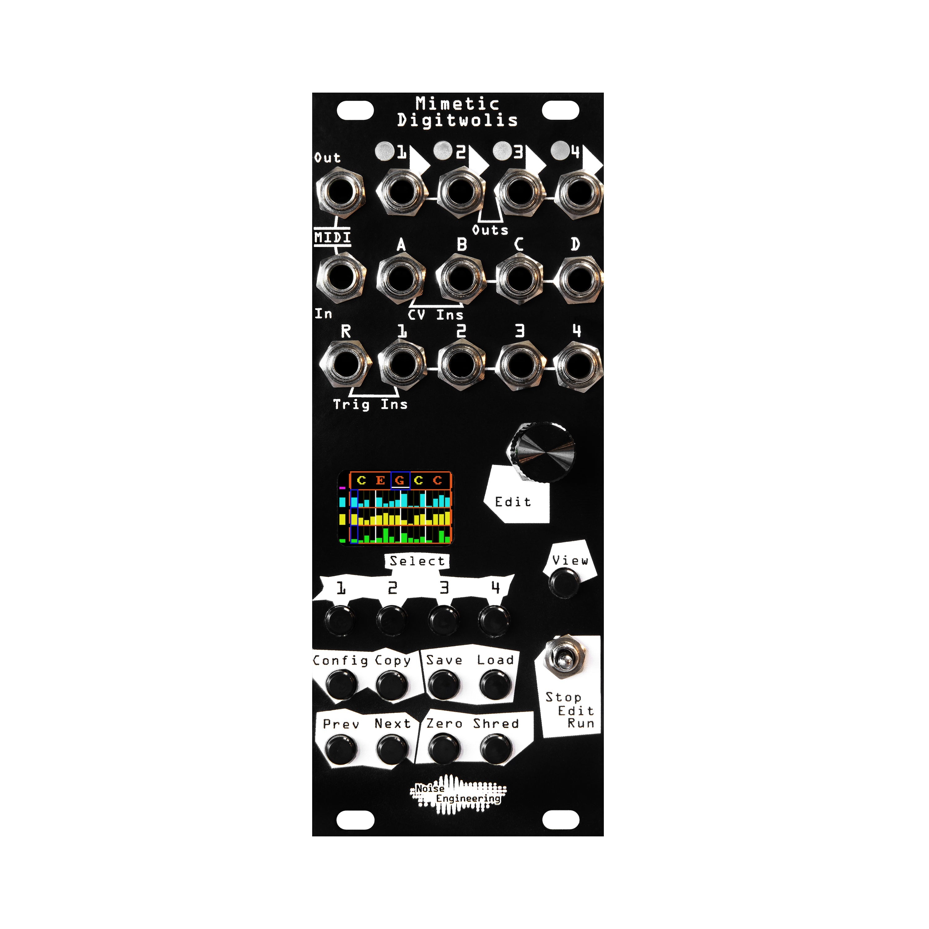 Black Eurorack module with multiple 1/4 inch jacks, buttons, knobs, a toggle switch, and a small color display labeled Mimetic Digitwolis.