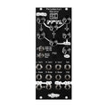 Black eurorack module with multiple knobs, toggle switches, push button, and 3.5mm jacks labeled for audio control functions.
