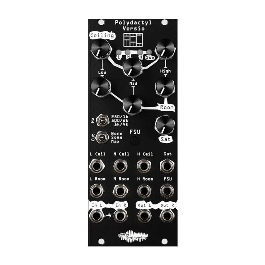 Black eurorack module with multiple knobs, toggle switches, push button, and 3.5mm jacks labeled for audio control functions.