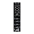 Black eurorack module with jacks, four knobs, four toggle switches, and white text labeling inputs and outputs.