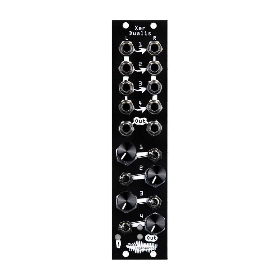 Black eurorack module with jacks, four knobs, four toggle switches, and white text labeling inputs and outputs.