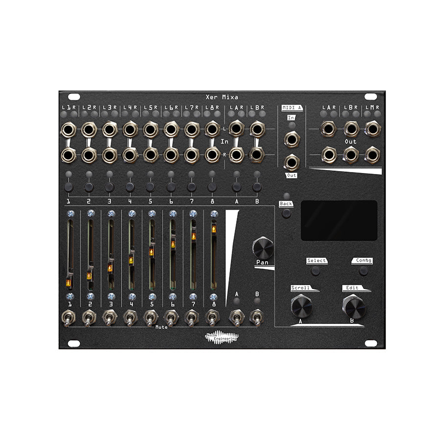Black Eurorack module with multiple faders, jacks, knobs, and buttons labeled Xer Mixa by Noise Engineering.