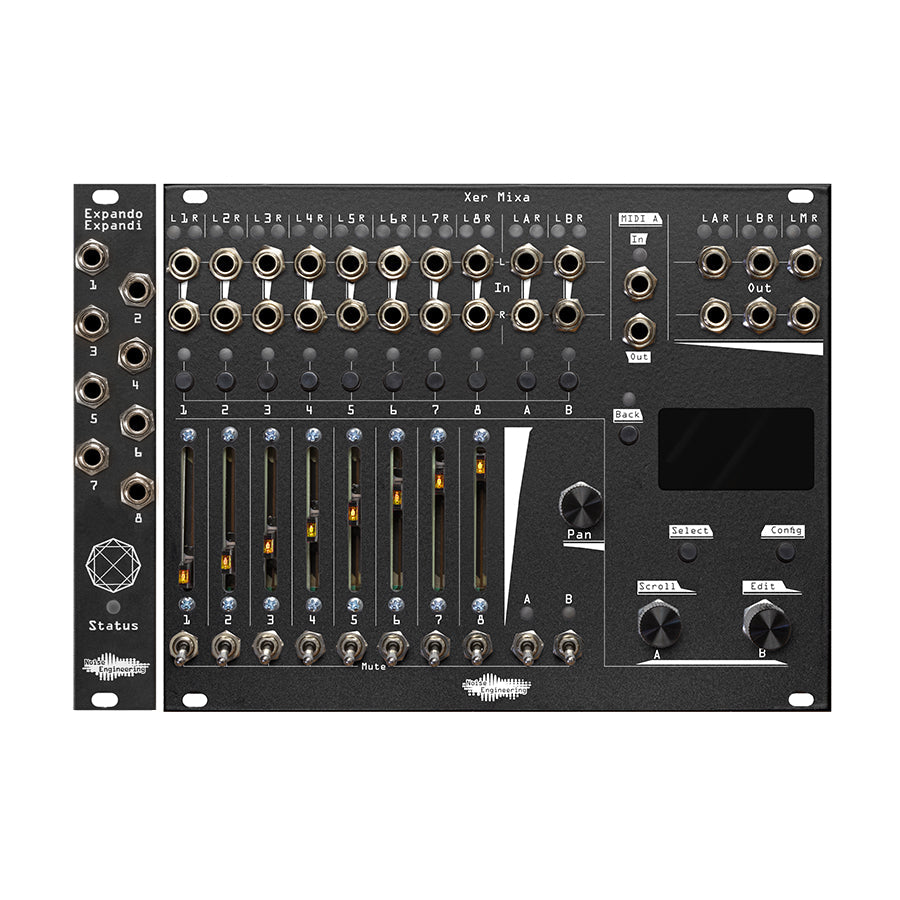 Black eurorack module with multiple sliders, knobs, buttons, and jack sockets labeled Xer Mixa and Expando Expandi.